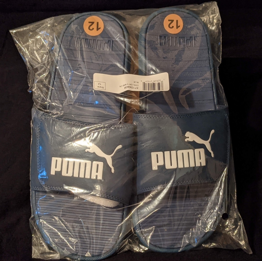 PUMA COOL CAT V SLIDES SANDALS DARK DENIM BLUE WHITE LOGO MENS SIZE 12 "NEW"